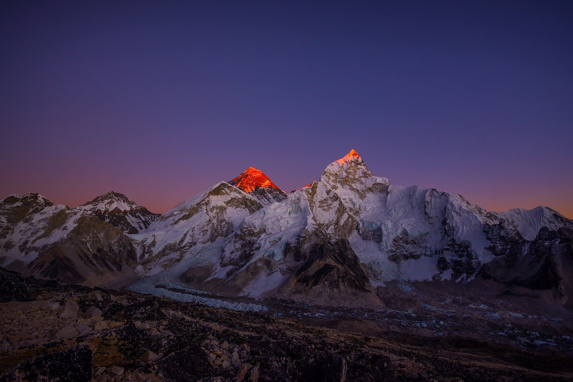The last light of sunset on Everest and the surrounding Himalayan peaks